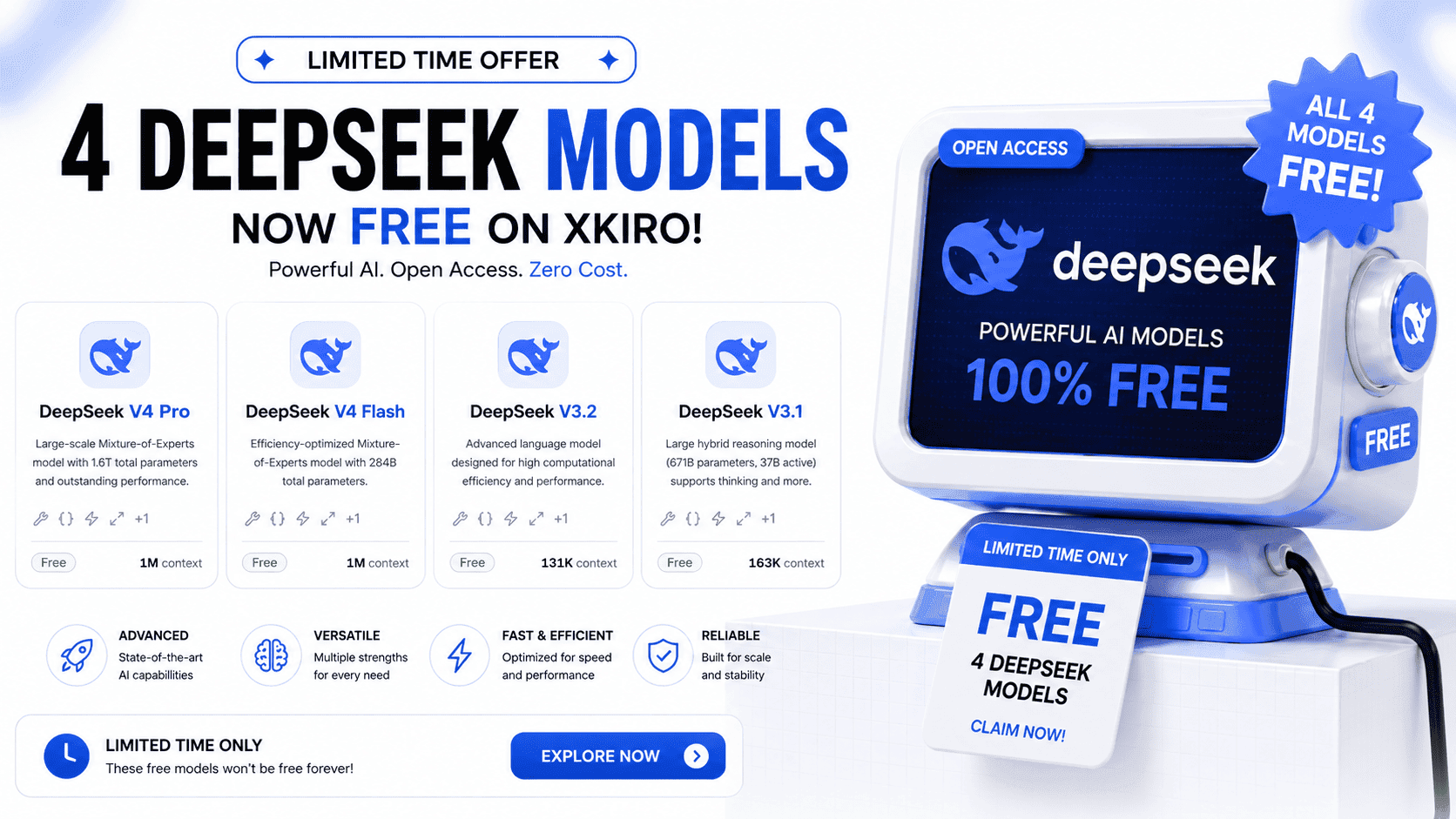 Banner announcing free DeepSeek models on the xKiro AI gateway