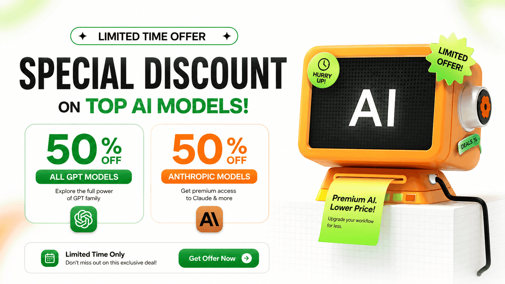 Banner announcing 50% off GPT and Claude models on the xKiro AI gateway
