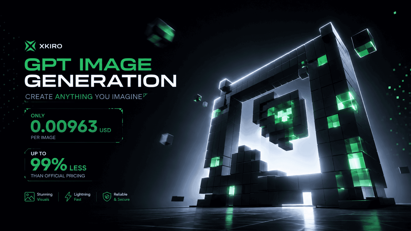 GPT image generation on xKiro — $0.00963 per image, up to 99% less than official pricing