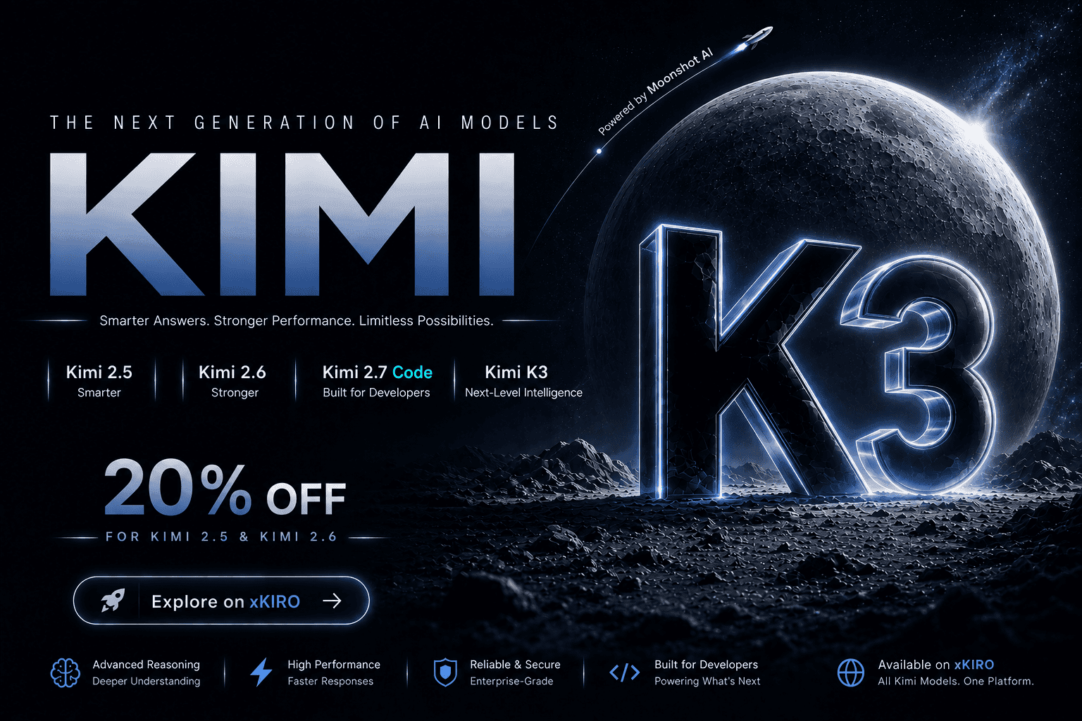 Kimi by Moonshot AI now on xKiro — K3, K2.6 and K2.7 Code on one API