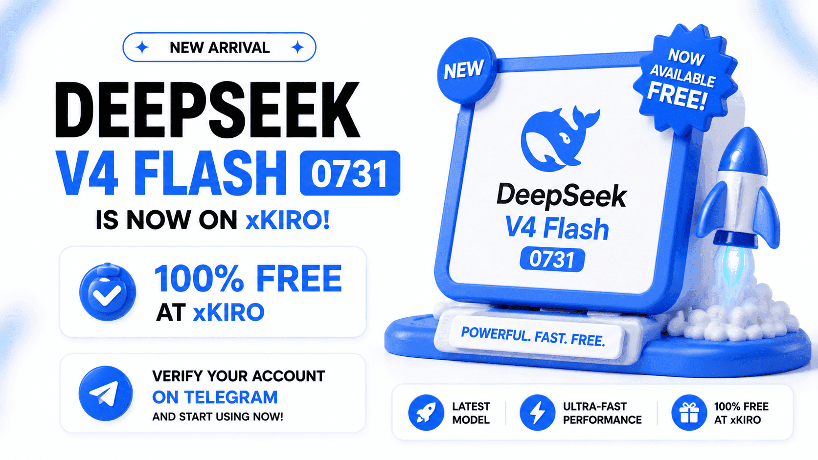 Banner announcing DeepSeek V4 Flash 0731 available free on the xKiro AI gateway