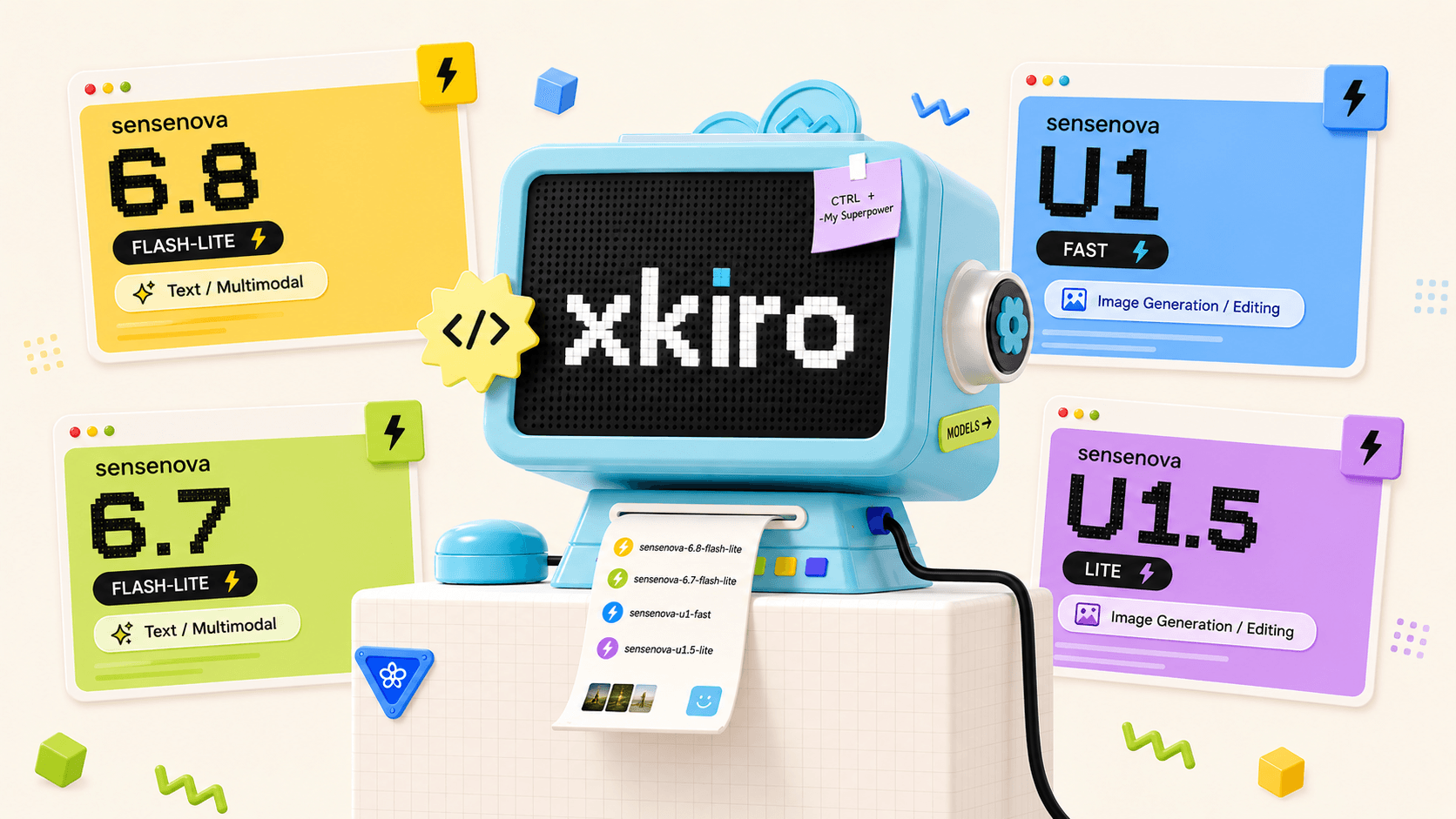 SenseNova models on xKiro — 6.8 and 6.7 Flash-Lite for text and images, U1.5 Lite for image generation