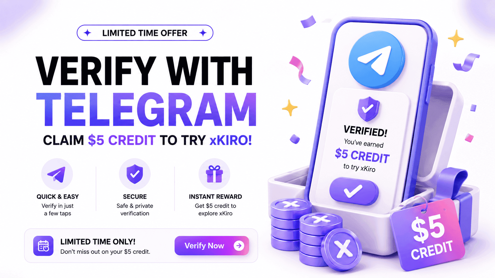 Banner offering $5 in xKiro credit for verifying your account with Telegram
